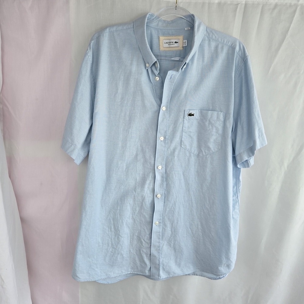 Lacoste Regular Fit Short-Sleeve Button-Up Oxford Shirt In Blue Size 2XL Cotton